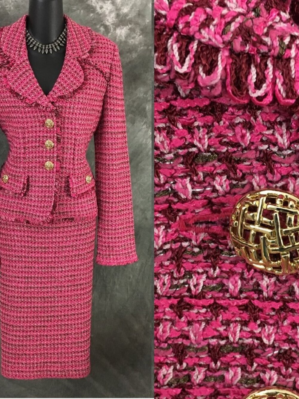 BEAUTIFUL St John knit pink multi fringe jacket skirt suit size 6 8